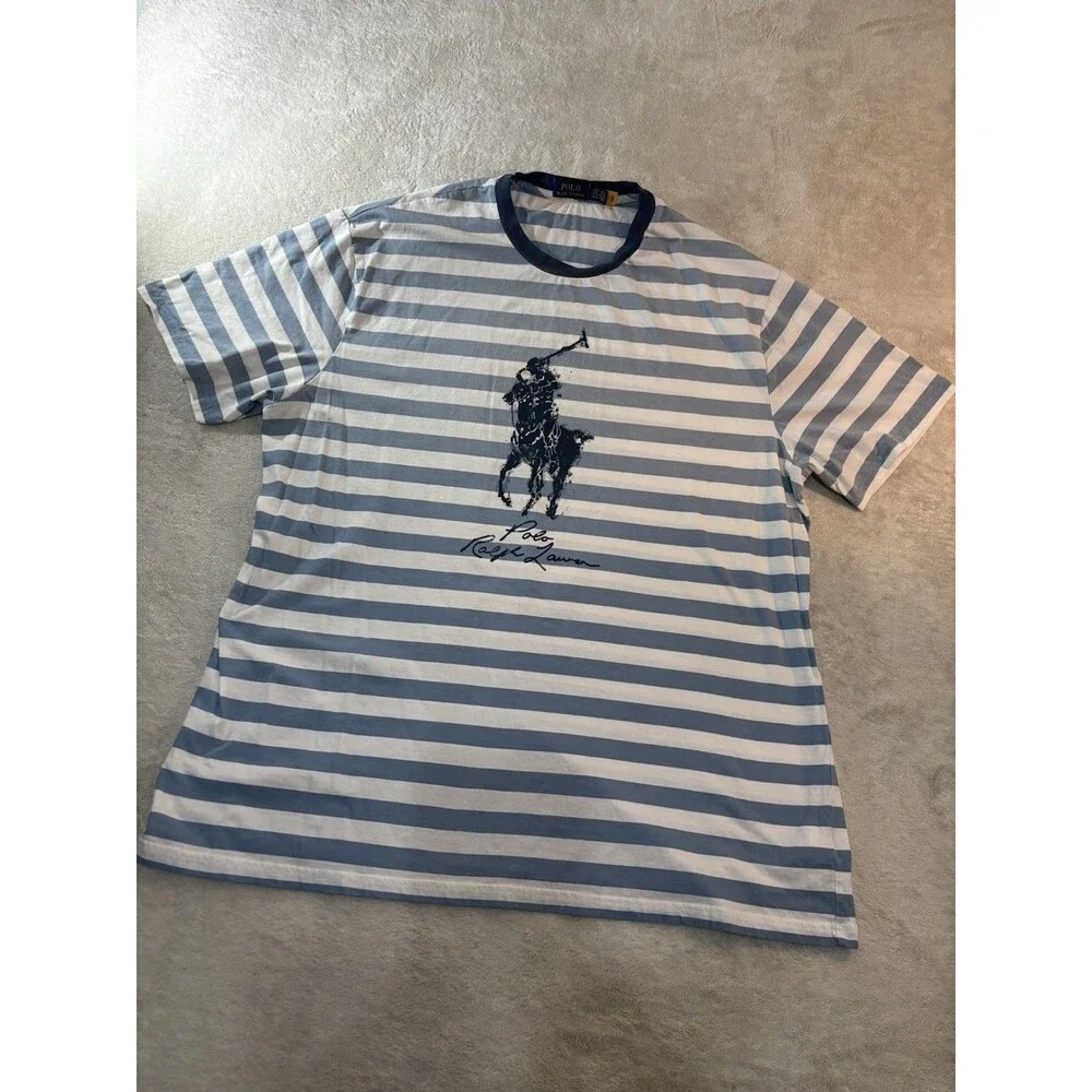 Polo Ralph Lauren Mens Striped Tee Shirt Size XLT Blue White Large Pony Graphic